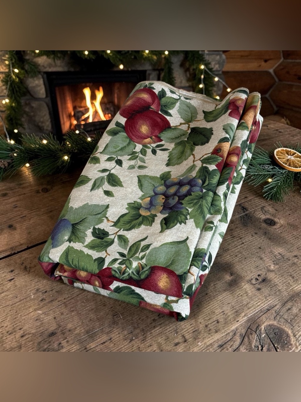 Sonoma Fabric Tablecloth Fall Autumn Fruit Apples Pears Grapes Leaves 97”x 56”